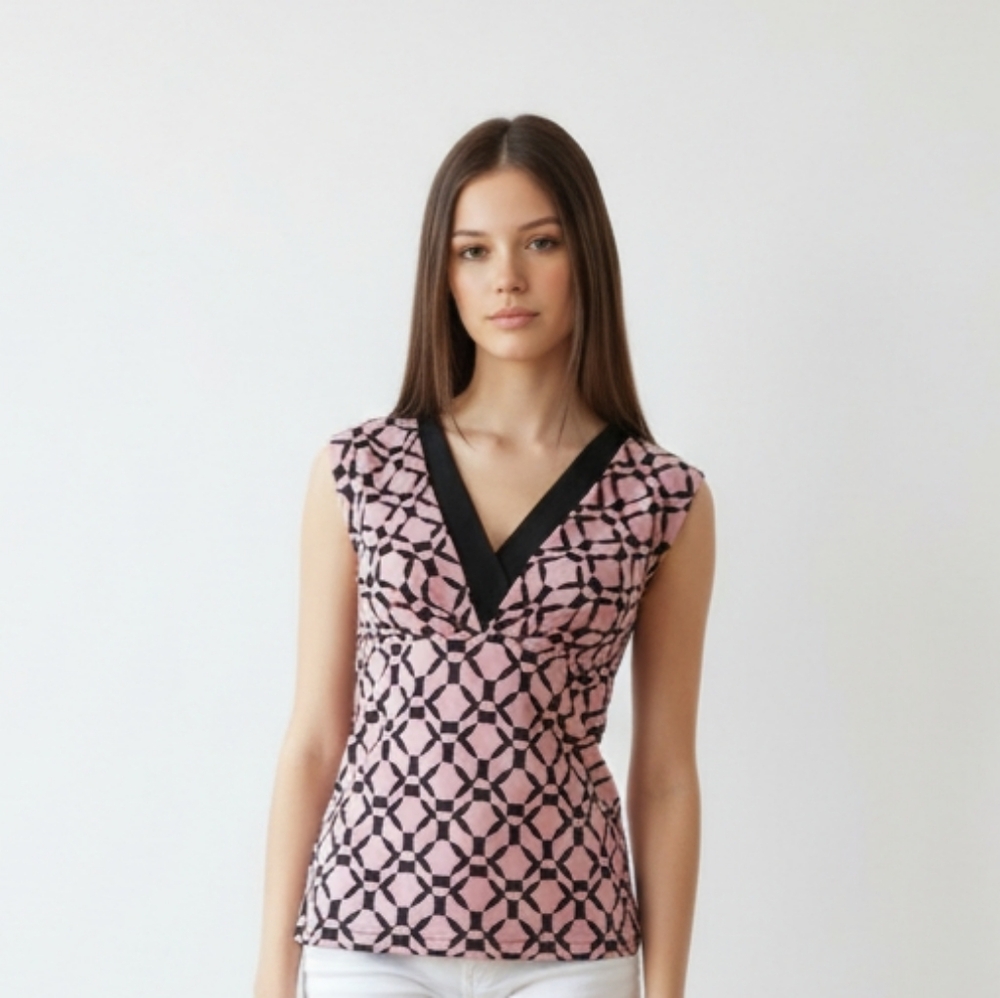 Laura top geometric pink black sleeveless V neck Work Wear